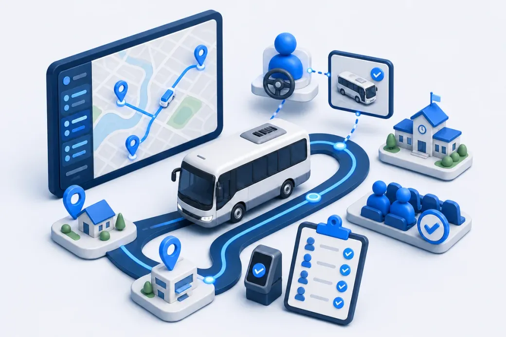 Servis taşımacılığı için rota ve canlı takip illüstrasyonu