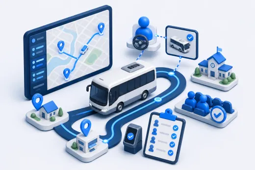 Personel, öğrenci ve tedarikçi servisleri için rota optimizasyonu ve canlı takip illüstrasyonu